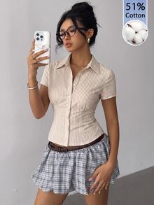 Aloruh 女款多色條紋黃色休閒優雅都市時尚襯衫，收腰設計，返校穿搭 - 彩色 - 查看 6