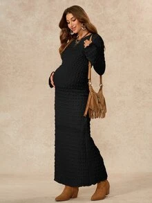 Boho Mama 孕婦純色圓領長袖修身優雅洋裝 - 黑色 - 查看 10