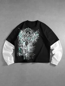 ROMWE MEN Men's Wing Slogan Print Colorblock 2 In 1 T-Shirt - Black - View 1