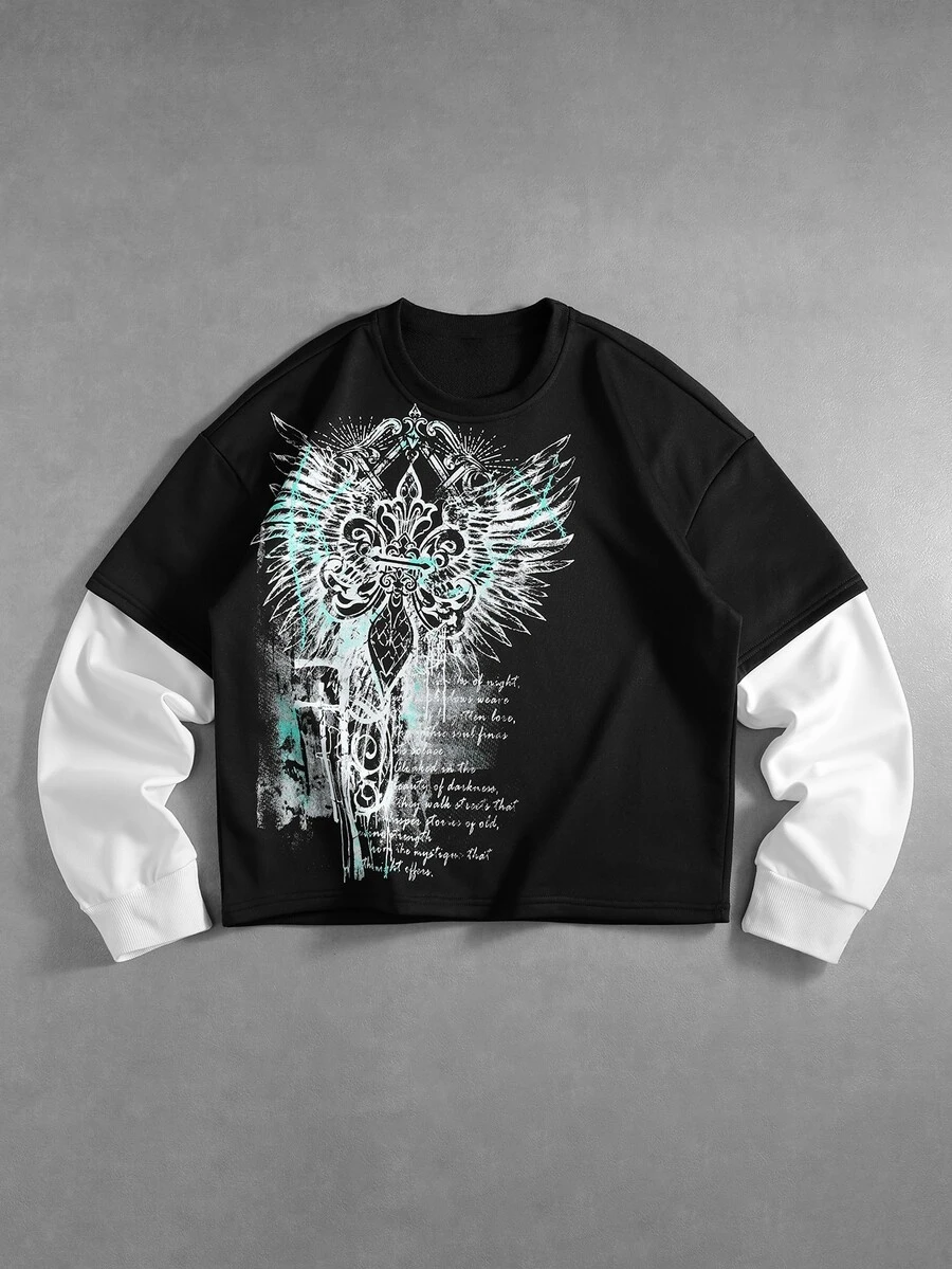 ROMWE MEN Men's Wing Slogan Print Colorblock 2 In 1 T-Shirt - Black - View 1