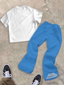 Teen Boy Cartoon And Letter Graphic Tee & Striped Pants Set - Multicolor - View 3