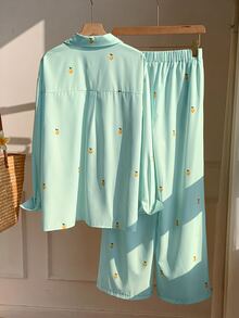 Comfortcana Women's Striped Fruit Long Sleeve Single-Breasted Casual Shirt And Pants Set - Mint Green - View 2