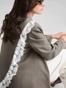 Ontre 2026夏季新款白色蕾絲拼接長袖西裝外套，現代法式優雅婚禮早午餐賓客穿搭，極簡浪漫奢華質感女款 - 灰色 - 查看 8