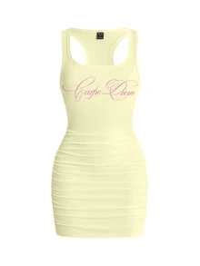 ROMWE Grunge Punk Punk Badge Sexy Tank Top Short Dress For Women - Yellow - View 1