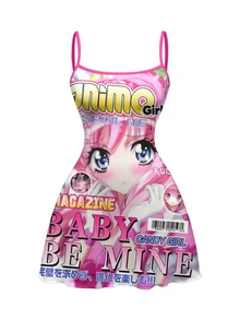 ROMWE Anime Dark Girl Slogan Sexy Dark Girl All-Over Print Mini Dress For Women - Pink - View 1