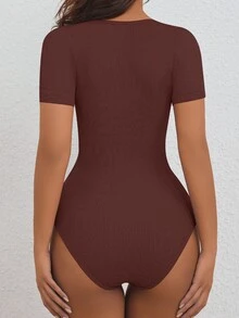 SHEIN 女款純色休閒日常短袖塑形連身褲 - 巧克力棕 - 查看 2