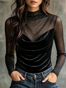 SHEIN Fiorisel Women's Elegant Velvet Patchwork Top For Party, Date And Holiday Outfits - Black - View 1