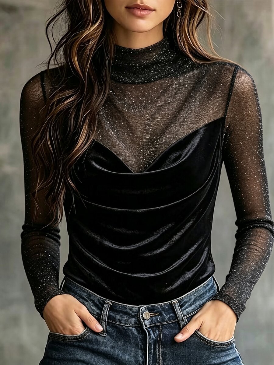 SHEIN Fiorisel Women's Elegant Velvet Patchwork Top For Party, Date And Holiday Outfits - Black - View 1