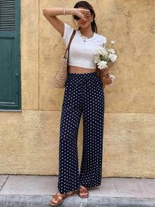 SHEIN Frenchy Women's Casual Vacation Polka Dot Print Straight Leg Pants - Navy Blue - View 5