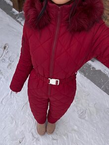 Muchica 白色人造毛帽加厚女款連身褲，適合秋冬雪地玩樂 - 酒紅色 - 查看 4