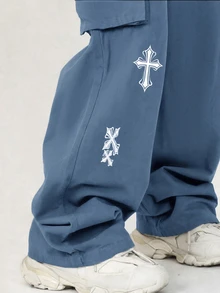 SHEIN 青少年/青年男孩適用於通勤、上學、日常休閒、旅行的秋冬長褲 - 藍色 - 查看 6