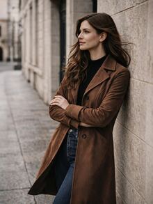 LUMIGAL Women French Style Coffee Brown Long Sleeve Coat, Elegant Faux Suede Pocket Winter Outerwear For Christmas Halloween New Year Party And Commute - Coffee Brown - View 3