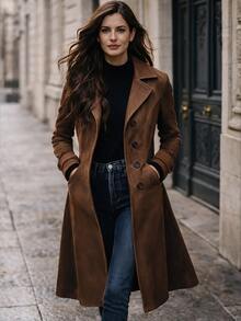 LUMIGAL Women French Style Coffee Brown Long Sleeve Coat, Elegant Faux Suede Pocket Winter Outerwear For Christmas Halloween New Year Party And Commute - Coffee Brown - View 8