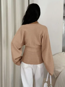 Siren Gaze Women's Solid Color Button-Front Fitted Waist Knit Cardigan, Casual Everyday Wear, Autumn/Winter - Camel - View 2
