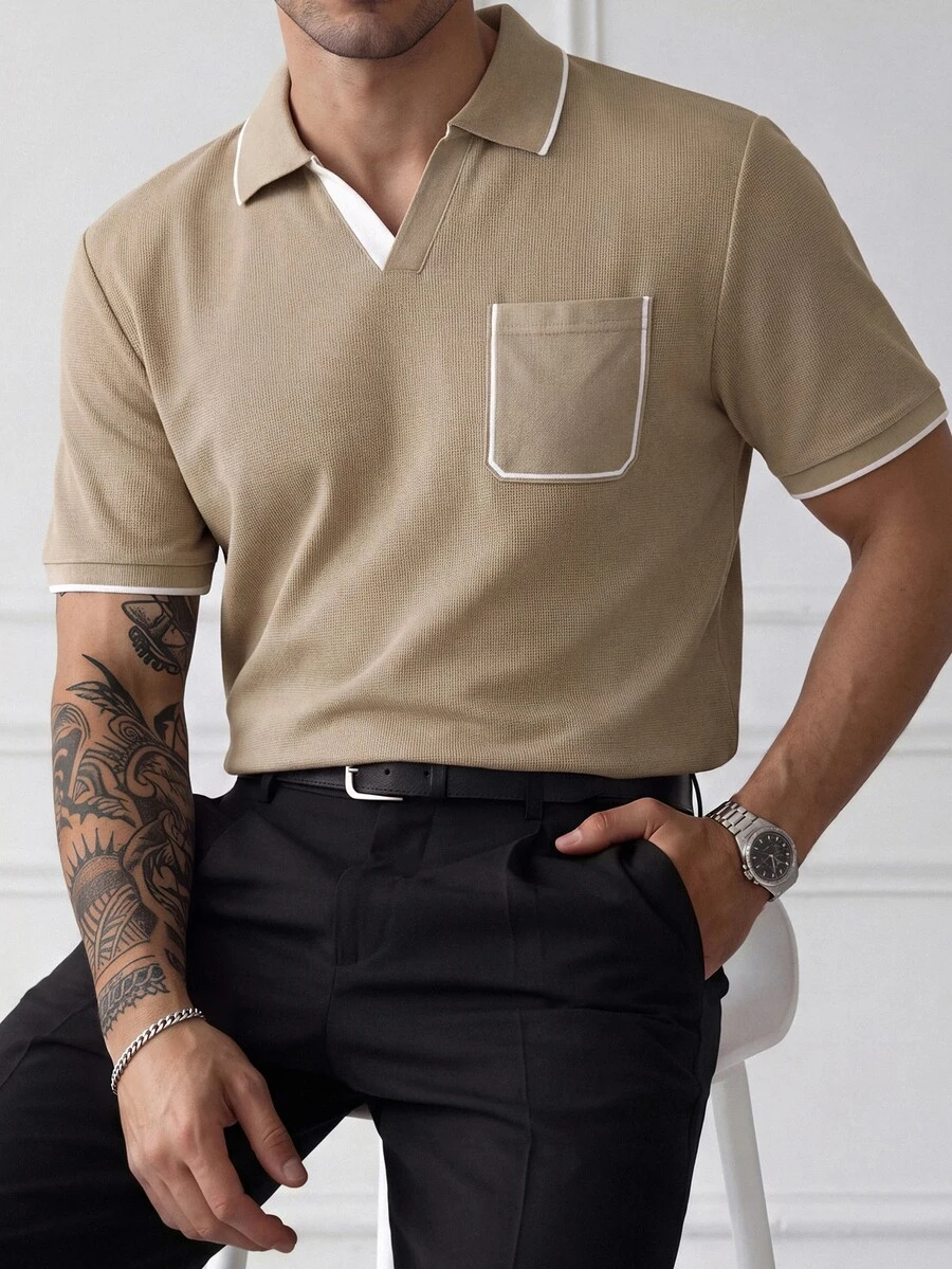 HUEFORM Men's Colorblock Casual Versatile Short Sleeve Polo Shirt - Khaki - View 1
