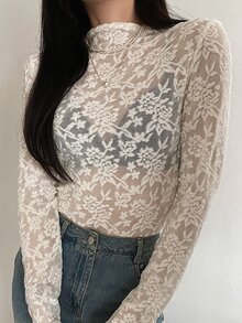 DAZY 青少年女孩蕾絲修身百搭日常穿著長袖T恤 秋季 - 米色 - 查看 5