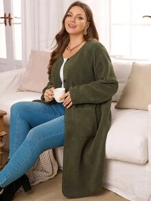 EMERY ROSE Plus Size Women Autumn/Winter Casual Vacation Fuzzy Army Green Solid Color Jacket With Pockets, Fall - Army Green - View 7