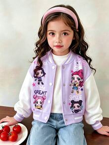 SHEIN Elladie kids Girls' Spring/Autumn Pink & White Colorblock Baseball Jacket, Cartoon Girl Star & Letter Print, Ribbed Stand Collar, Single-Breasted, Short Length, Lo - Purple - View 2