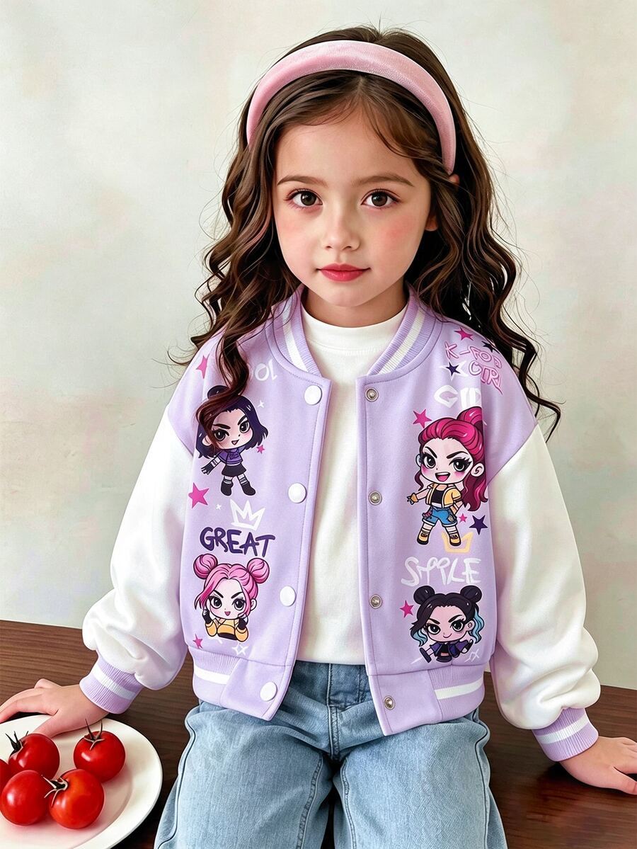 SHEIN Elladie kids Girls' Spring/Autumn Pink & White Colorblock Baseball Jacket, Cartoon Girl Star & Letter Print, Ribbed Stand Collar, Single-Breasted, Short Length, Lo