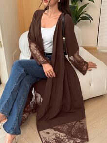 Yasmyna Women's Black V-Neck Lace Embroidered Patchwork Cardigan Long Robe, Layered Patchwork Flared Long Robe For Spring/Autumn Daily Commute And Dating - Coffee Brown - View 3