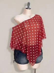 SHEIN ICON 女款大尺碼波點網紗不對稱上衣 - 紅色 - 查看 4