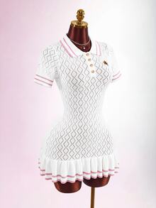 Amplova 女款針織性感前衛短袖洋裝，附領口與蕾絲下擺，適合返校季 - 白色 - 查看 6
