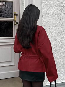 MainGRL 繫帶大衣，極簡時尚休閒日常款，適合秋冬穿著 - 酒紅色 - 查看 2