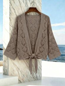 SHEIN Holidaya 女款夏季新穿搭，夏季上衣，女款夏季套裝，沙灘穿搭，女款象牙色鏤空針織開襟衫－V領 3/4 袖，菱形鏤空圖案，腰部自綁結，浪漫波希米亞魅力與休閒疊穿風格 - 棕色 - 查看 6