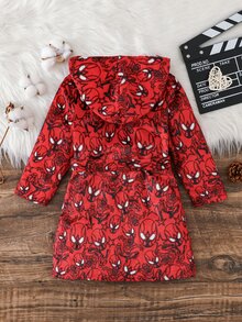 SHEIN 男童毛絨針織圖案印花保暖內裡加厚家居睡袍 - 紅色 - 查看 2