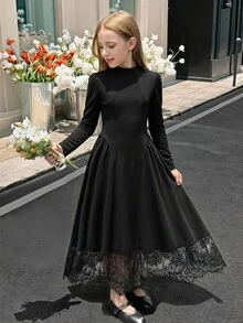 SHEIN 青少年女孩秋冬針織黑色假領長袖蕾絲下擺洋裝，適合休閒、度假、返校、派對、日常穿著 - 黑色 - 查看 1