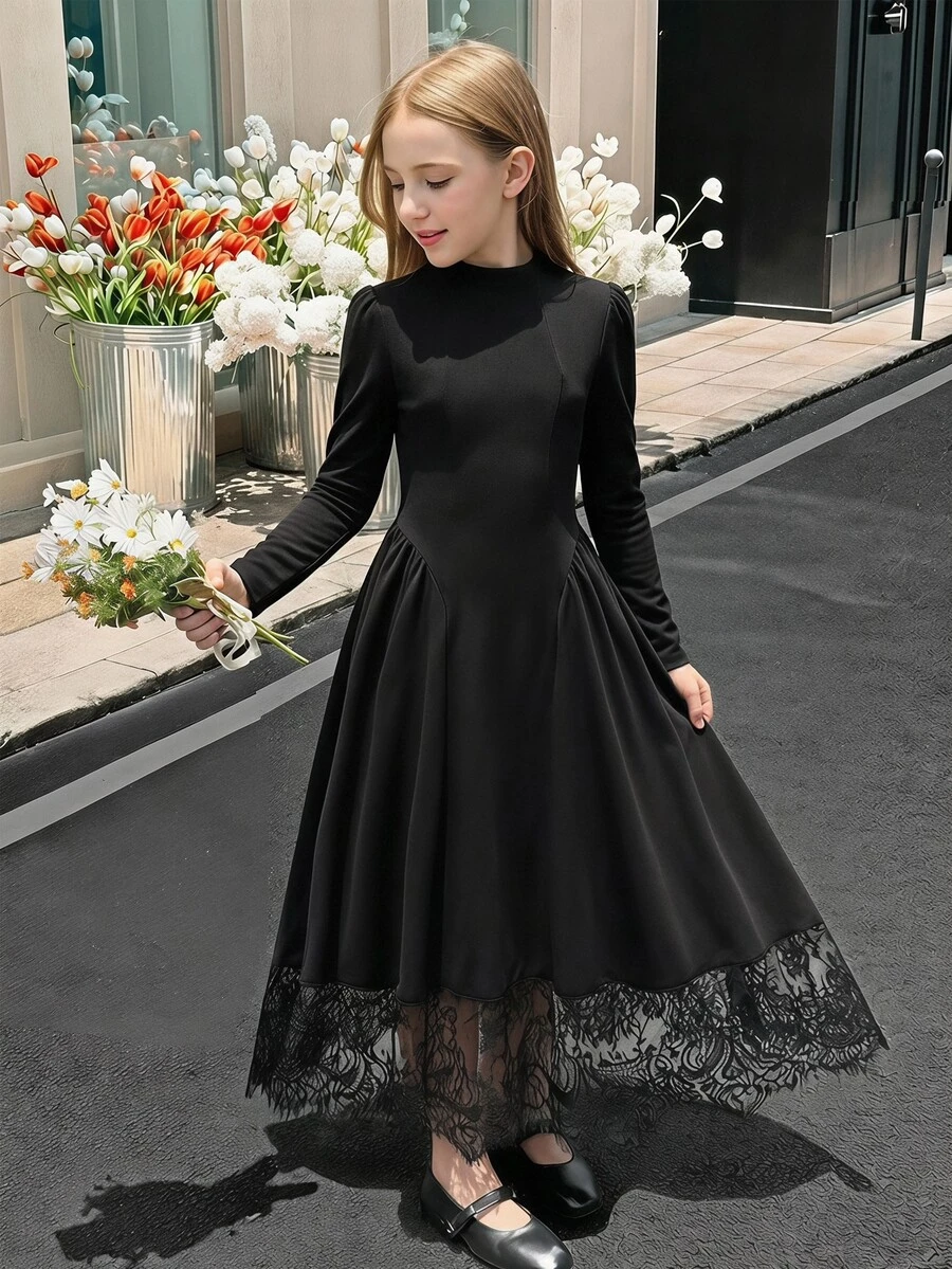 SHEIN 青少年女孩秋冬針織黑色假領長袖蕾絲下擺洋裝,適合休閒、度假、返校、派對、日常穿著 - 黑色 - 查看 1