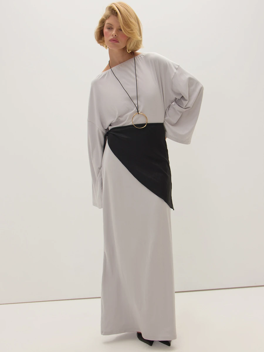 MUSEYN Grey Jersey One Shoulder Loose Fit Drape Mini Dress Date Night Evening Wedding Guest Fall - Beige - View 1