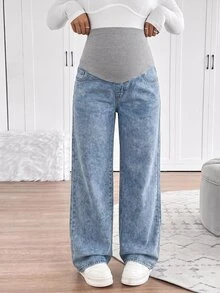 SHEIN 孕婦拼接色休閒日常穿著牛仔寬腿褲 - 藍色 - 查看 3