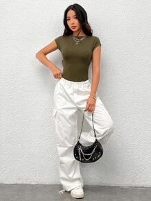 SHEIN PETITE 女款夏季性感緊身露背連身衣 - 軍綠色 - 查看 7