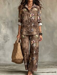 Linhara CURVE Plus Size Women's Casual Shirt And Pants Set - Brown - View 1