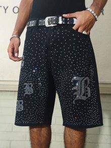 GALLERY FADE Men's American Street Hip-Hop Gothic Style Rhinestone Party Lifestyle Black Washed Bermuda Denim Shorts - Black - View 3