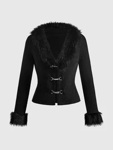 ROMWE Y2K Grunge Punk Metal Buckle Design Front Opening Fitted Fur Collar Women's Top - Black - View 1