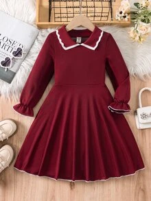 Elladie kids 女童拼色休閒日常夏季旅行洋裝 - 酒紅色 - 查看 3