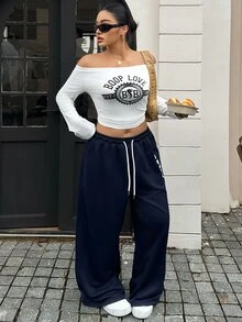 Betty Boop x DAZY Curve Plus Size Letter Print Cold Shoulder Fitted Long Sleeve White Sexy Top T-Shirt Fall Graphic Tees - White - View 5