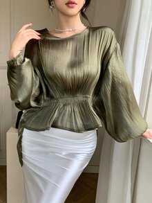DAZY 青少年女孩優雅純色燈籠袖收腰上衣 秋季 - 綠色 - 查看 2