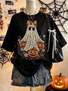 Lalippa Halloween Pattern Print Fashion Minimalist Oversized Mid-Length Round Neck Drop Shoulder Women's T-Shirt Friend's Gift - Black - View 1