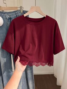 Solflare Burgundy Lace Patchwork Casual Plus Size Women's T-Shirt - Burgundy - View 2