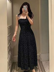DAZY 度假風碎花細肩帶洋裝 夏季女款睡裙 - 黑色 - 查看 5