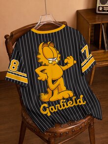 GARFIELD | SHEIN Plus Size Striped Cartoon Graphic Print Short Sleeve T-Shirt - White - View 2