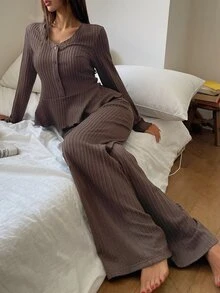 DAZY Autumn Elegant Textured Knit Waist-Cinching Ruffle Hem Women's Pajama Set - Brown - View 1