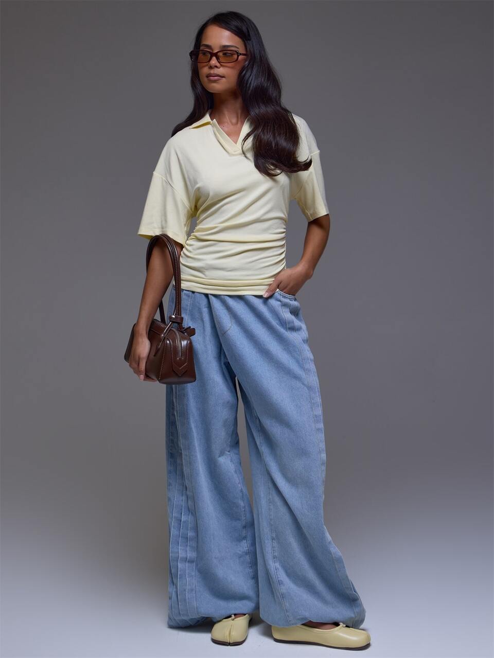 Yellow V Neck Collar Cinched Waist Drop Neck Detail Top