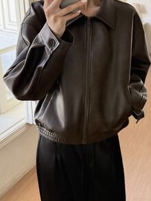 DAZY Women's Solid Color PU Leather Zipper Casual Versatile Daily Jacket - Black - View 8