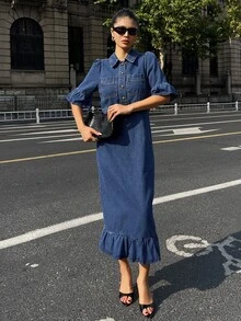 Strévra Women's Blue Denim Midi Dress With Turn-Down Collar, Button Pocket Decor, Cinched Waist And Ruffle Hem, Autumn - Blue - View 3