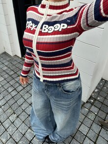 Betty Boop x DAZY Curve Contrast Color Patchwork Striped Letter Jacquard Long Sleeve Street Casual Slim Fit Blogger Autumn/Winter Sweater Cardigan - Multicolor - View 6
