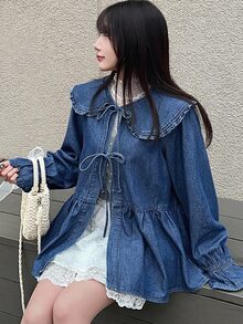 FRIFUL Women's Korean Style Fashion Tie-Up Bell Sleeve Denim Top Fall - Medium Wash - View 3